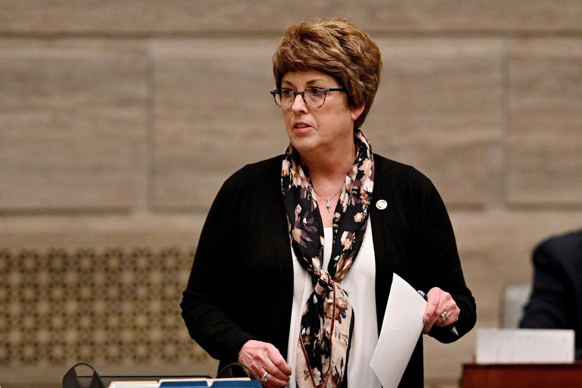Sen. Cindy O’Laughlin, R-Shelbina, listens to debate Wednesday in the Missouri Senate. O’Laughlin, a former Conservative Caucus member, has been heavily involved in negotiations between two “warring factions” of the GOP supermajority.
