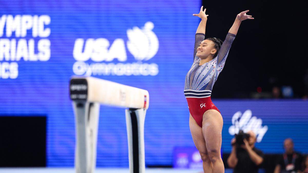 Leanne Wong competes on the beam during the U.S. Olympic Team Gymnastics Trials at Target Center in Minneapolis on June 30, 2024.