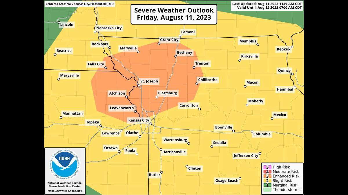 The risk of severe weather increased for for some areas in the Kansas City area. The Storm Prediction Center has placed northern parts of the Kansas City metro area as well as parts of northeast Kansas and northwest Missouri in an enhanced risk of severe thunderstorms.