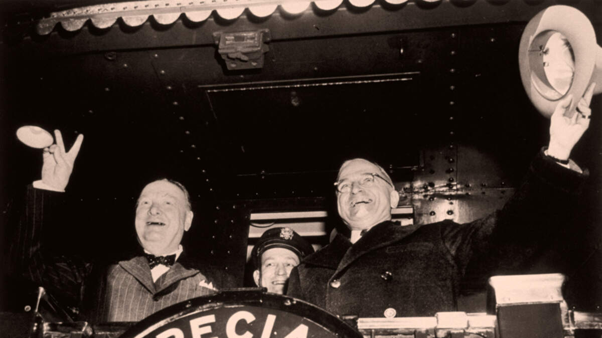 British Prime Minister Winston Churchill and President Harry S. Truman leave for Fulton, Missouri, where Churchill made his famous “Iron Curtain” speech in 1946.