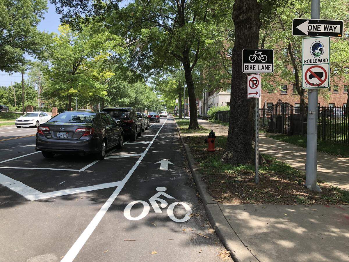 The public works department recently completed work on Kansas City's first parking protected bike lanes along Armour Boulevard.