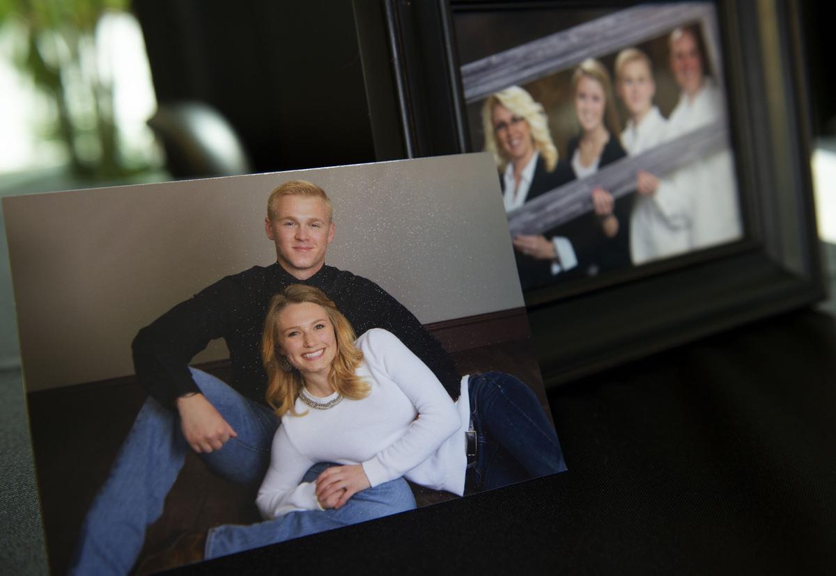 A photo of Cody Harter and Shelby Berkemeier was on display along with a photo of Cody's family during a conference at Lee's Summit police headquarters on Sunday, May 6, 2018.