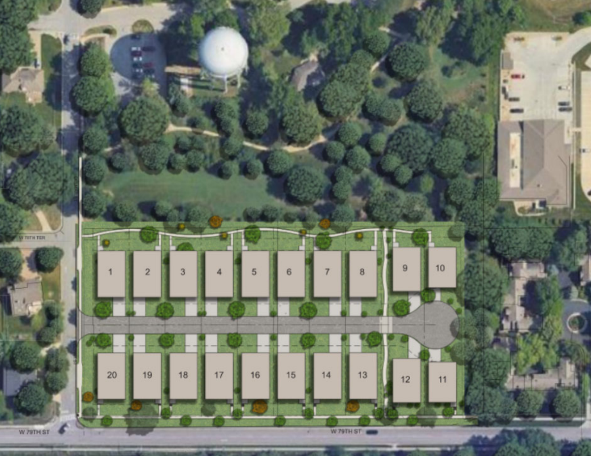 A map of the proposed layout for Price Brothers development of 20 homes at the former YMCA site on 79th and Delmar streets in Prairie Village.