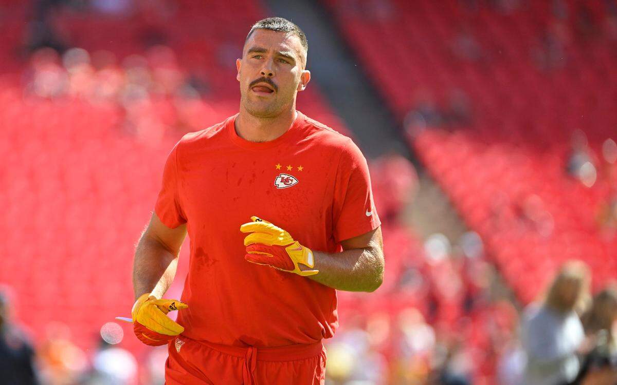 Chiefs tight end Travis Kelce warms up on Sunday, Sept. 24, 2023, at GEHA Field at Arrowhead Stadium in Kansas City.