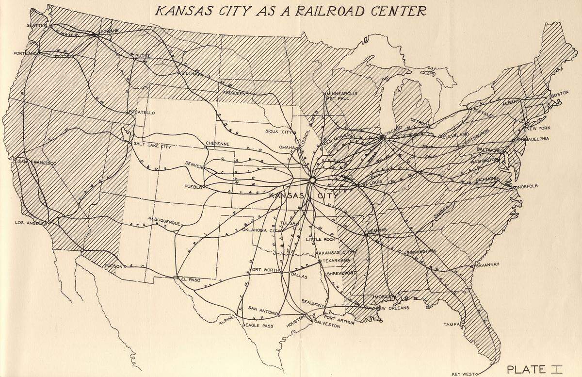 1930 map showing Kansas City as the nation’s railroad center.