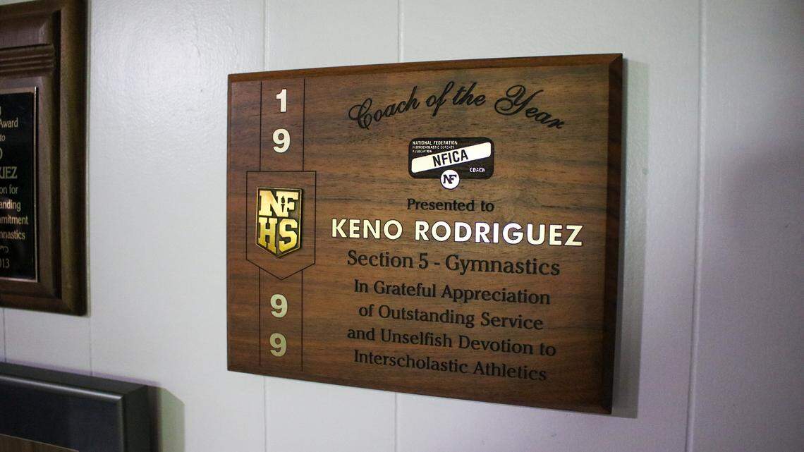 A 1999 coach of the year award is seen at the home of Keno Rodriguez on Sunday, April 19, 2026.