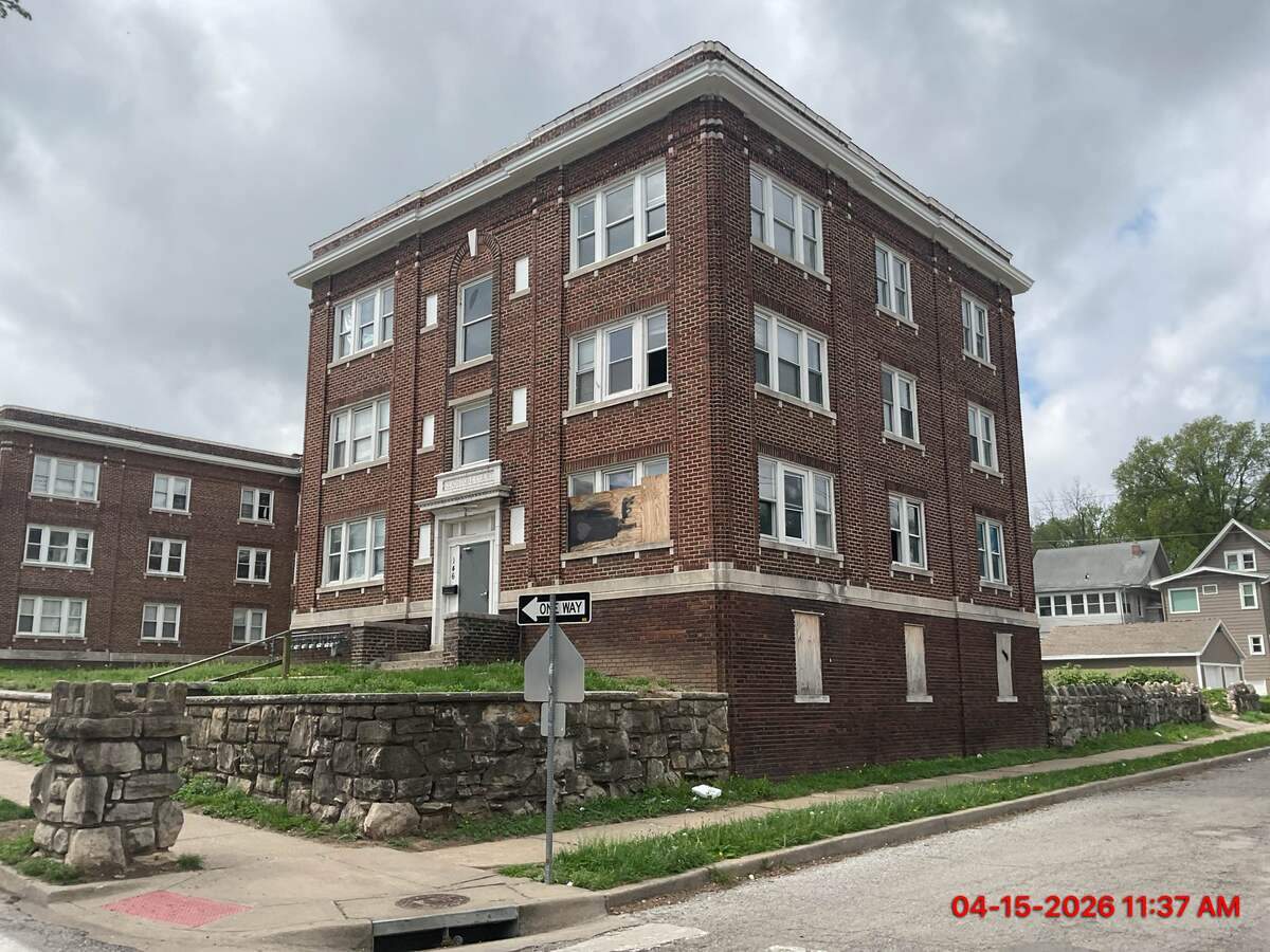 Boarded-up windows are visible in this photo of the apartment building at 148 N. Lawn Ave., taken by a Kansas City inspector. Residents with KC Tenants are rallying against owner Wiser KC.