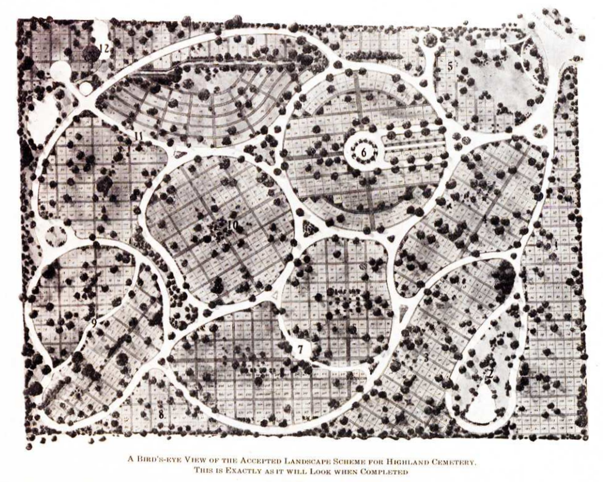 This 1909 illustration from Highland Cemetery’s founding document shows the proposed layout of the grave plots. The caption reads, “A bird’s-eye view of the accepted landscape scheme for Highland Cemetery. This is exactly as it will look when completed.”