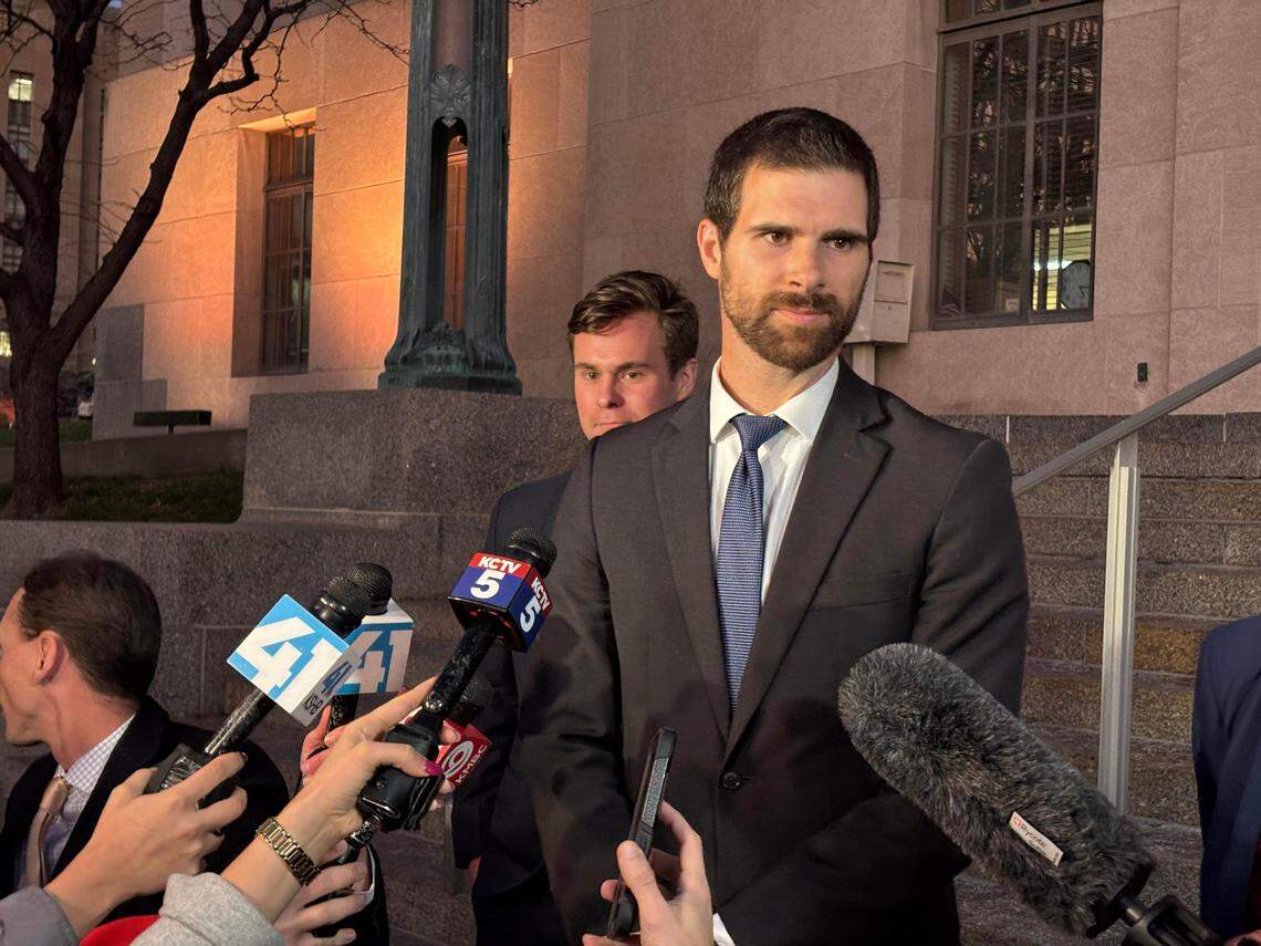 Missouri Solicitor General Josh Divine answers questions from reporters after a December court hearing in Jackson County Circuit Court over abortion rights under Amendment 3.