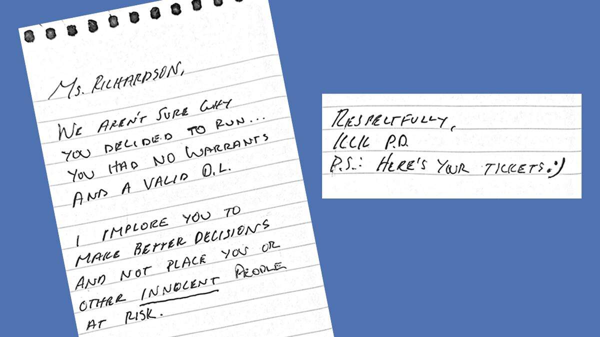 Kansas City, Kan., police left this note for Nikki Richardson, complete with smiley face, in a relative’s mailbox.
