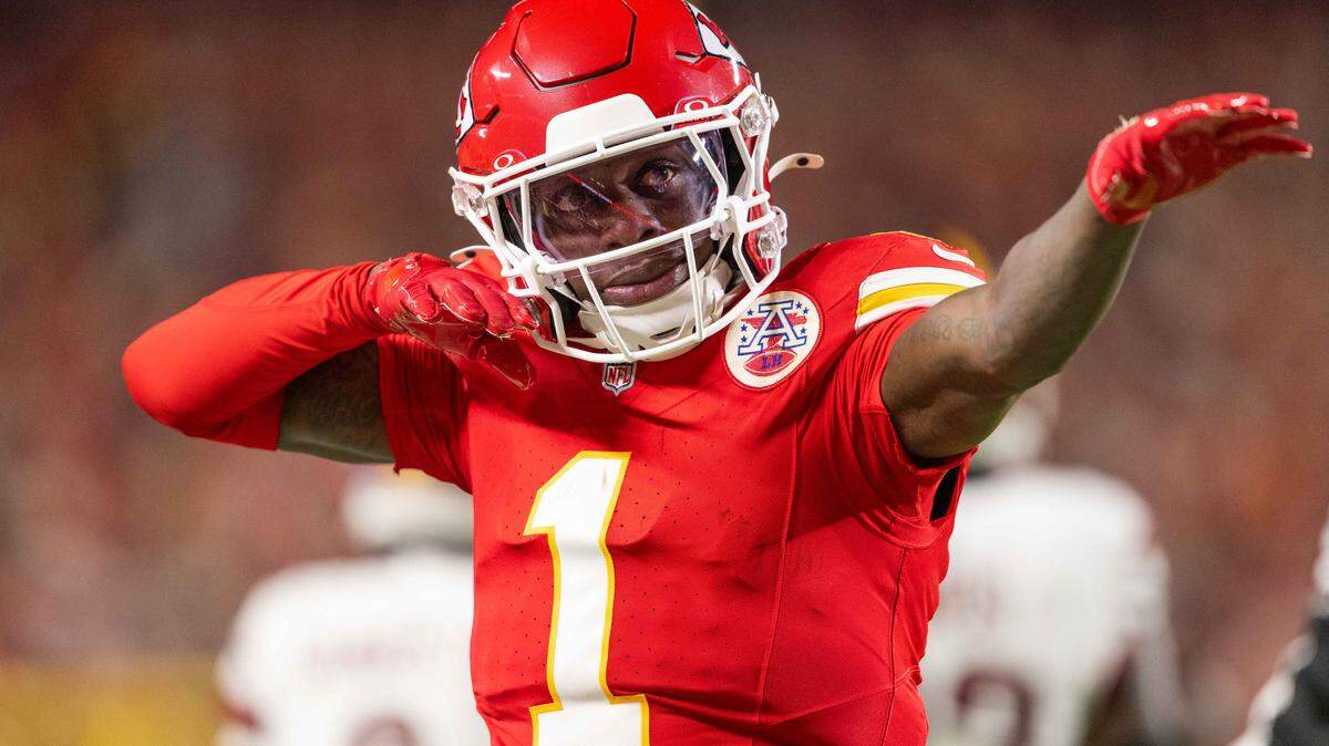 Kansas City Chiefs wide receiver Xavier Worthy (1) celebrates a first down catch in the first half of the Chiefs game vs. the Washington Commanders on Monday, October 27, 2025, at GEHA Field at Arrowhead Stadium.