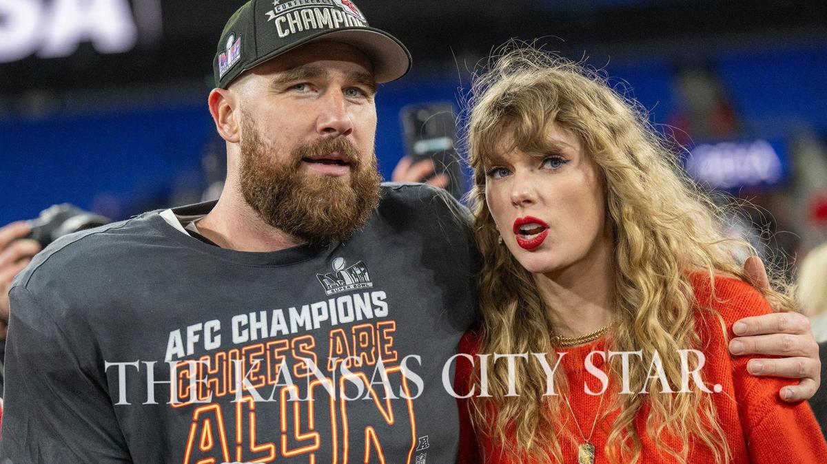 Swifties reminded the world Sunday that “karma is the guy on the Chiefs” after Kansas City beat the Baltimore Ravens to earn a trip to another Super Bowl. Here, Taylor Swift met her boyfriend, tight end Travis Kelce, on the field after the game.