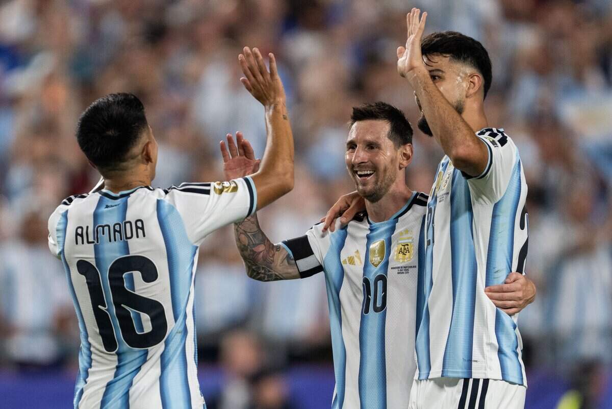 Argentina celebrates after a win in a 2026 FIFA World Cup quarterfinal match at Kansas City (Arrowhead) Stadium in Kansas City on Saturday, July 11, 2026.