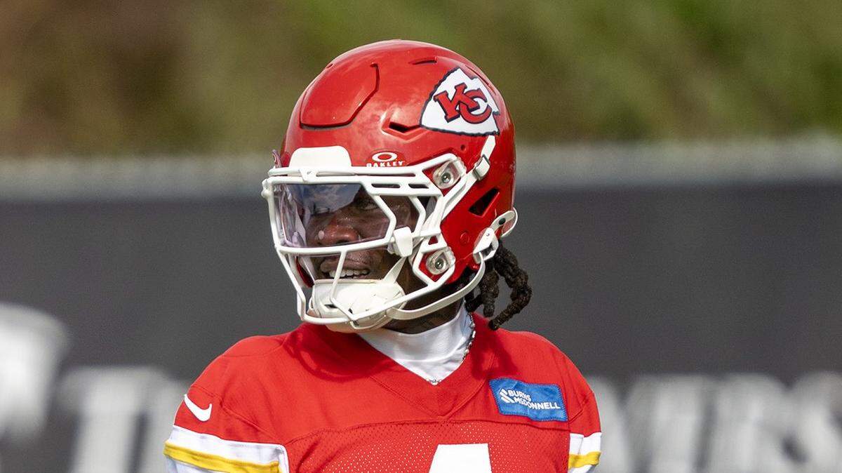 Kansas City Chiefs wide receiver Rashee Rice (4) was back on the field for practice at the team's training facility in Kansas City on Wednesday, October 15, 2025.