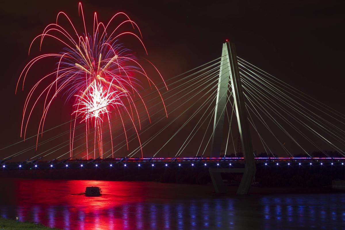 Fireworks exploding over the Christopher S. Bond Bridge will be part of KC Riverfest at Berkley Riverfront Park.