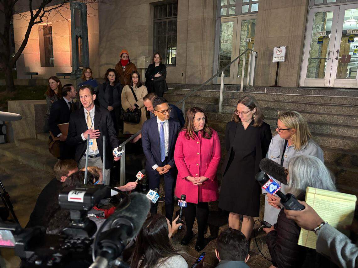 Lawyers and leaders with Planned Parenthood answer questions from reporters following a December court hearing in Jackson County Circuit Court over abortion rights in Amendment 3.