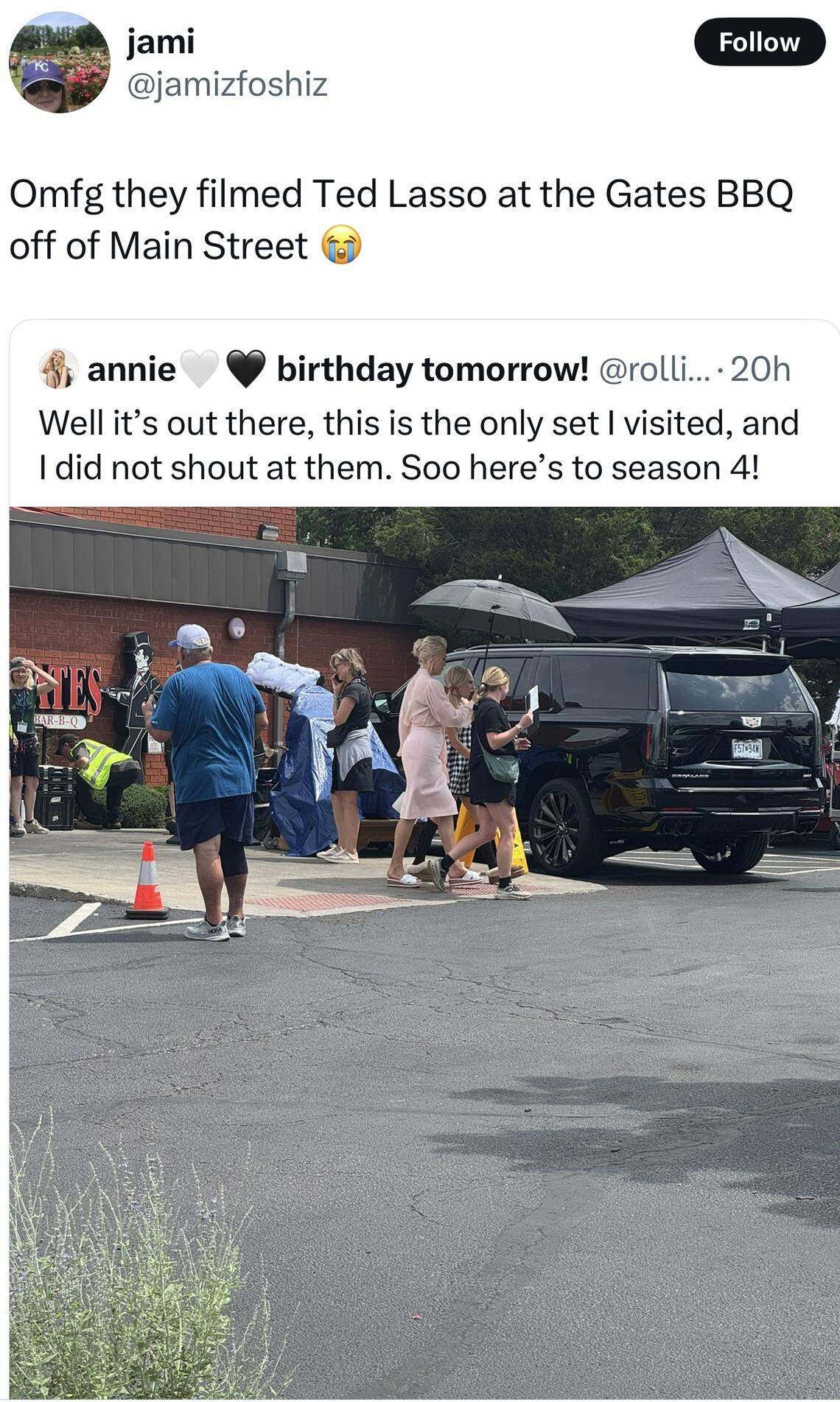 “Ted Lasso” fans took pictures of filming at Gates Bar B-B-Q on Sunday.