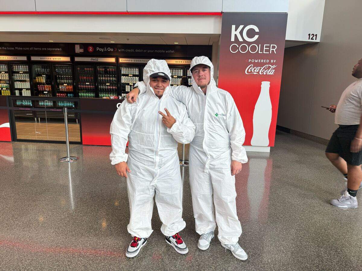 Logan (left) and Skyler Wise dressed up in hazmat suits for the Don Toliver concert at the T-Mobile Center on Wednesday, June 17 in Kansas City, Missouri.