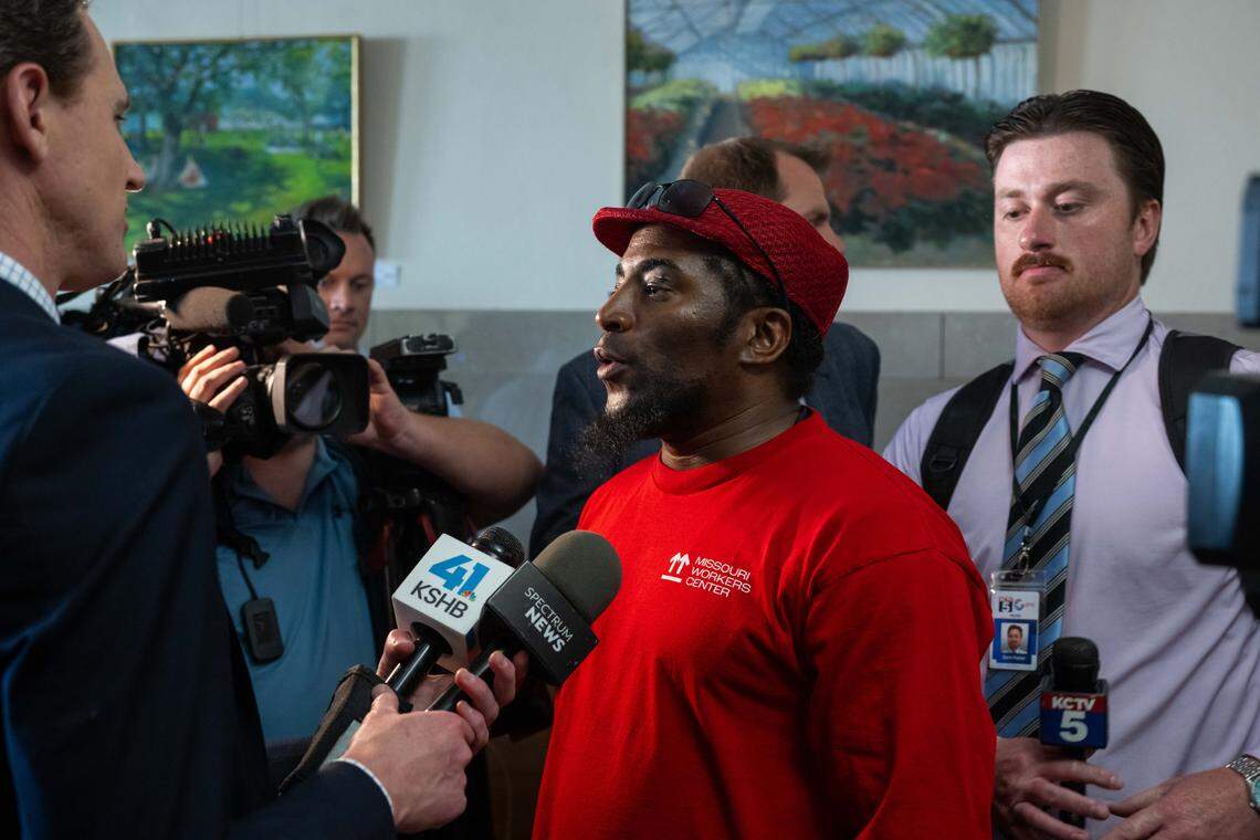 Terrence Wise of Stand Up KC speaks after attending a City Council meeting to protest a vote on the potential relocation of the Kansas City Royals baseball stadium to the downtown area, on Thursday, April 16, 2026.