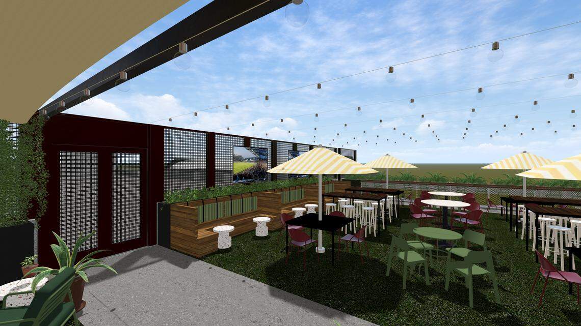 A rendering shows Boulevard Yard, Boulevard Brewing Co.’s new, second-story outdoor bar and patio space at the Boulevard Tours & Rec Center. It’s set to be finished before the 2026 FIFA World Cup.