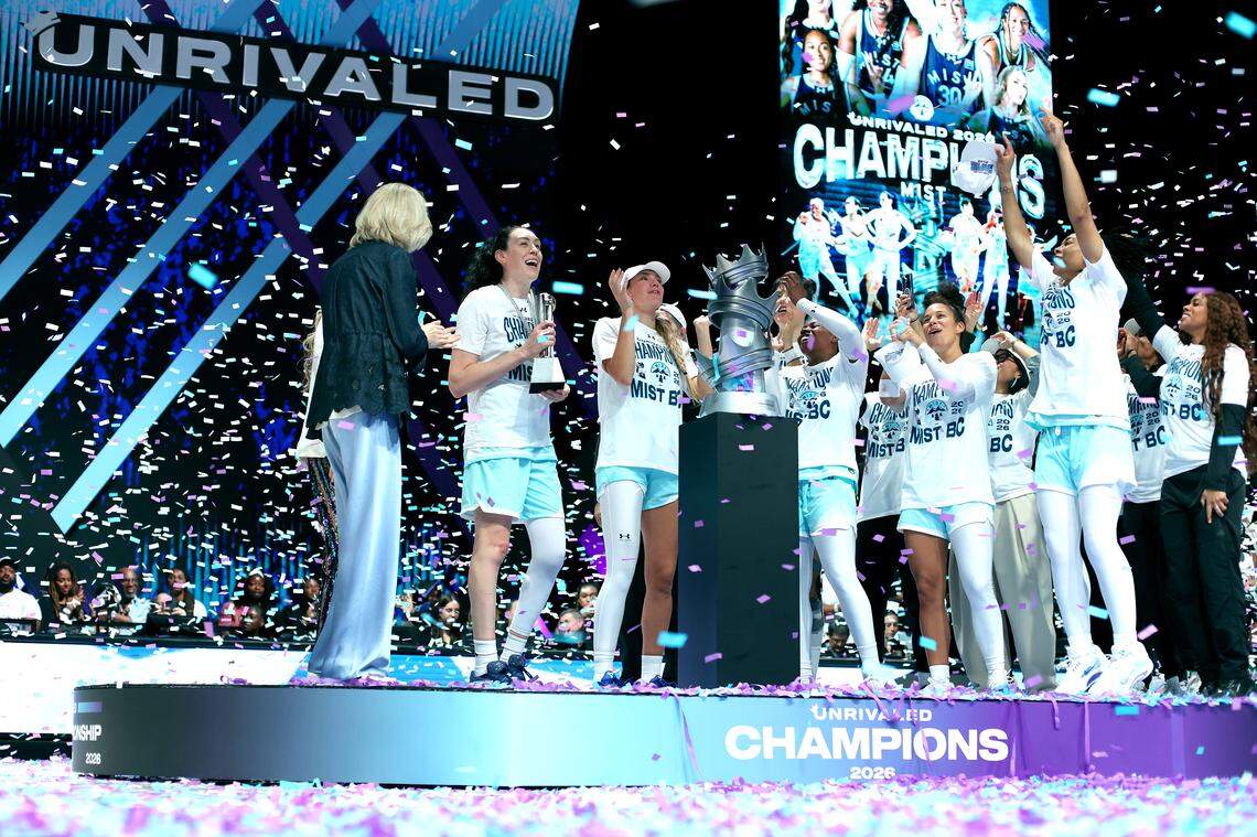 Mist BC forward Breanna Stewart received the MVP award after her team’s defeat of the Phantom during the Unrivaled 2026 championship women’s basketball game at Sephora Arena in Medley, Florida on March 4, 2026.