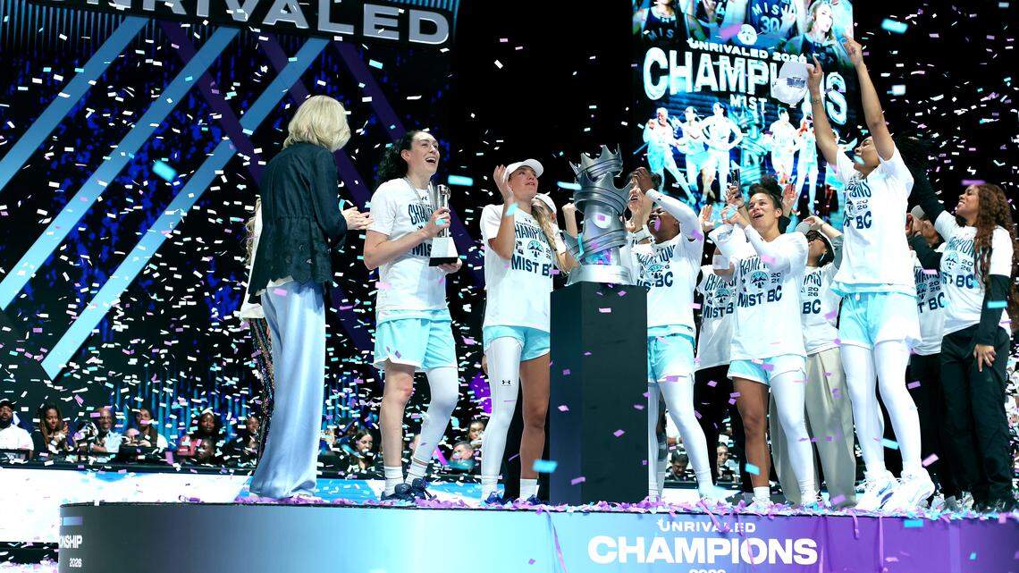 Mist BC forward Breanna Stewart received the MVP award after her team’s defeat of the Phantom during the Unrivaled 2026 championship women’s basketball game at Sephora Arena in Medley, Florida on March 4, 2026.