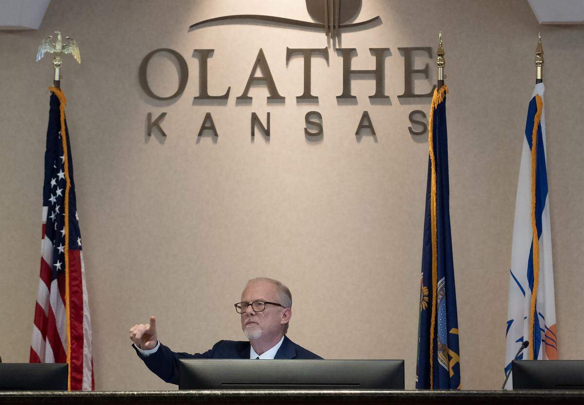Mayor John Bacon talks during the Olathe City Council meeting on Tuesday, Feb. 3, 2026, as officials discussed the new Chiefs training facility and the city's proposed pledge of local tax revenue to support the project. The Council unanimously approved the creation of a STAR bond district to support the Chiefs' new headquarters and training facility near College Boulevard and Ridgeview Road