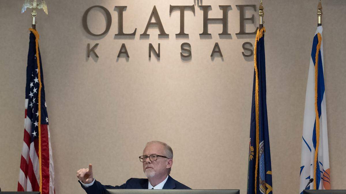 Mayor John Bacon talks during the Olathe City Council meeting on Tuesday, Feb. 3, 2026, as officials discussed the new Chiefs training facility and the city's proposed pledge of local tax revenue to support the project. The Council unanimously approved the creation of a STAR bond district to support the Chiefs' new headquarters and training facility near College Boulevard and Ridgeview Road