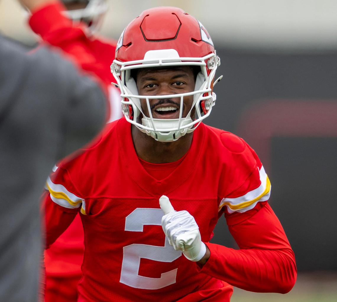 Kansas City Chiefs receiver Tyquan Thornton (2) warms up during practice at Chiefs’ training facility on Thursday, May 29, 2025, in Kansas City.