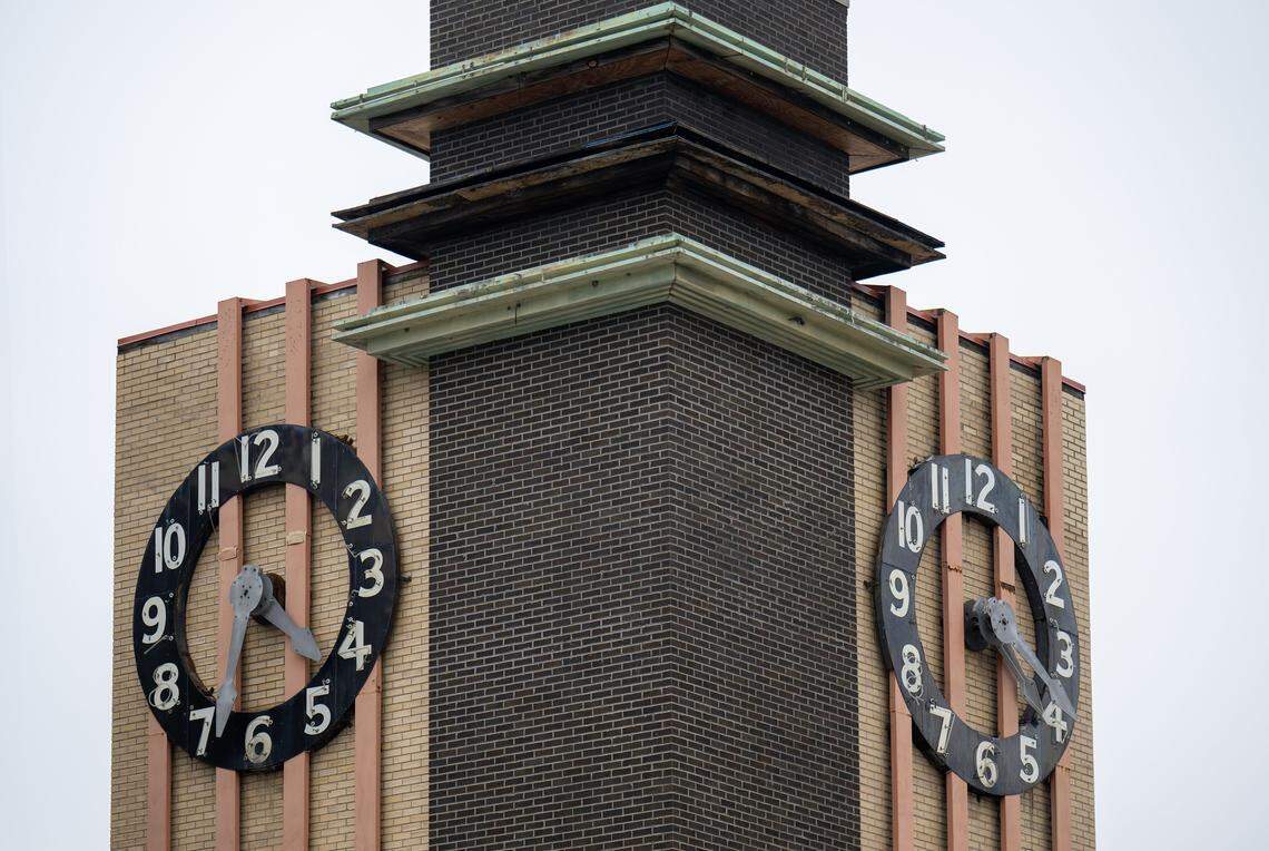 The iconic clock tower at the old Katz Drug Store at Main Street and Westport Road on March 4, 2026, in Kansas City. 