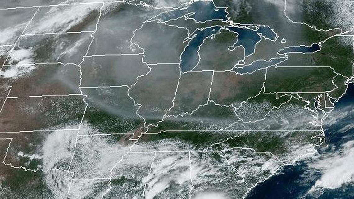 Smoke from raging wildfires in Canada spread south into the the upper Midwest on Wednesday afternoon. Satellite images shows the smoke cutting across northwest Missouri to southeast Missouri. The smoke is expected to create hazy conditions in the Kansas City area on Thursday and may give the air a hint of a smoke smell.