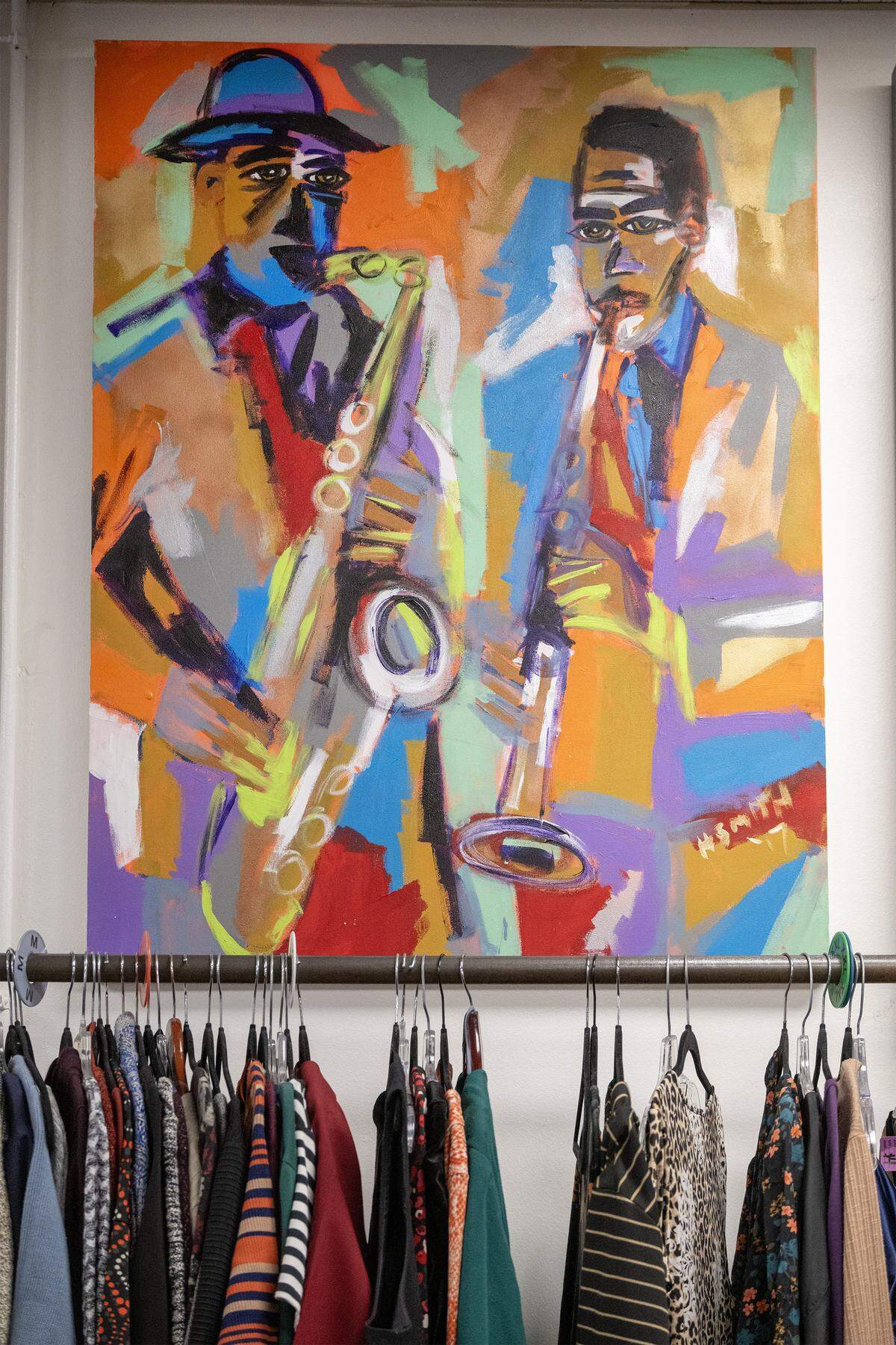 Artwork by Harold Smith of Kansas City, Kansas is on display at Troost39, a thrift store, on Thursday, Jan. 15 2026, in Kansas City. Smith received a grant as part of The GIFT of Troost initiative in collaboration with Troost39 and Kansas City G.I.F.T. Smith divided the grant among three disabled artists.