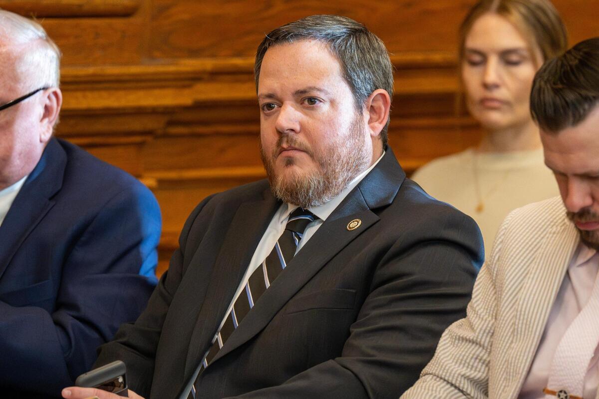 Missouri State Sen. Brad Hudson attends a committee hearing for Senate Bills 589 and 590, which he sponsored, at the Missouri Capitol on Wednesday, March 26, 2025, in Jefferson City. The proposed legislation would aim to remove the statute of limitations for child sexual abuse lawsuits and prohibit the use of non-disclosure agreements in related settlements.