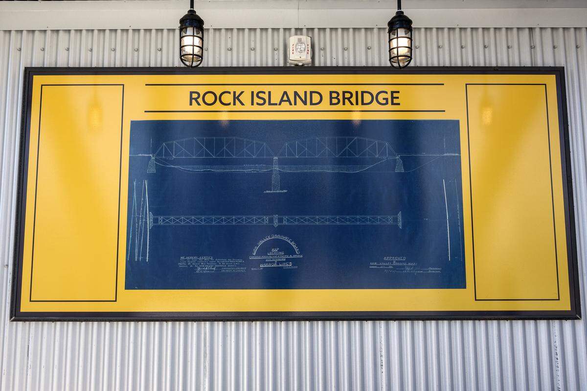 A blueprint of Rock Island Bridge is displayed in the outdoor patio area near the River House restaurant at Rock Island Bridge on Wednesday, March 25, 2026, in Kansas City. 