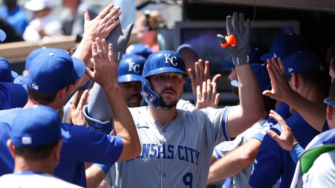 Kansas City Royals designated hitter Vinnie Pasquantino (9) celebrates his two-run home run against the Minnesota Twins during the first inning at Target Field on May 30, 2024.