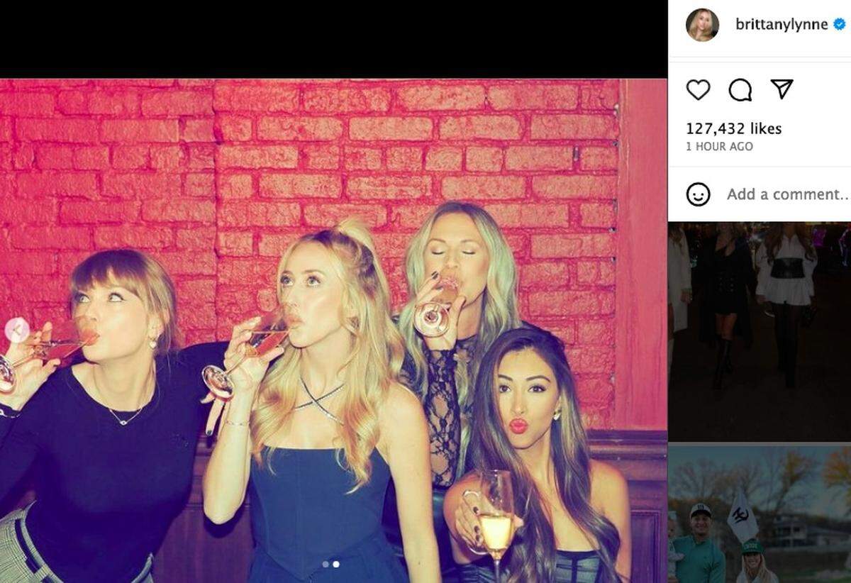 A night of fun in New York: From left, Taylor Swift and NFL wives Brittany Mahomes, Lindsay Bell and Paige Buechele.