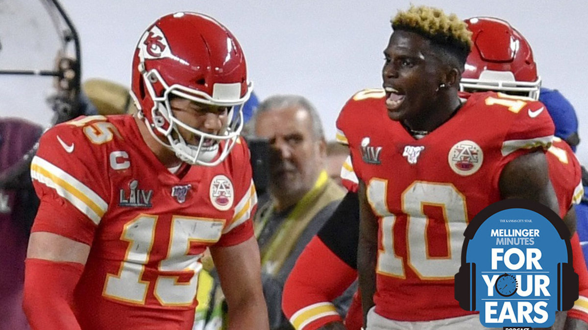 Kansas City Chiefs quarterback Patrick Mahomes (15) and Kansas City Chiefs wide receiver Tyreek Hill (10) celebrates a Mahomes first down during first half as the Chiefs played the 49ers in Super Bowl 54 on Sunday, Feb. 2, 2020 in Hard Rock Stadium in Miami.