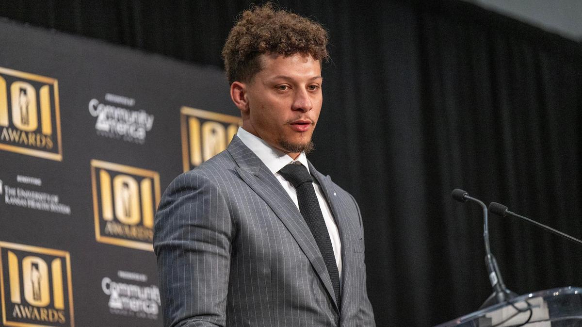 Kansas City Chiefs quarterback Patrick Mahomes delivers a brief speech upon receiving the Derrick Thomas Award during the 101 Awards ceremony at the Loews Hotel on Friday, March 22, 2024, in Kansas City.