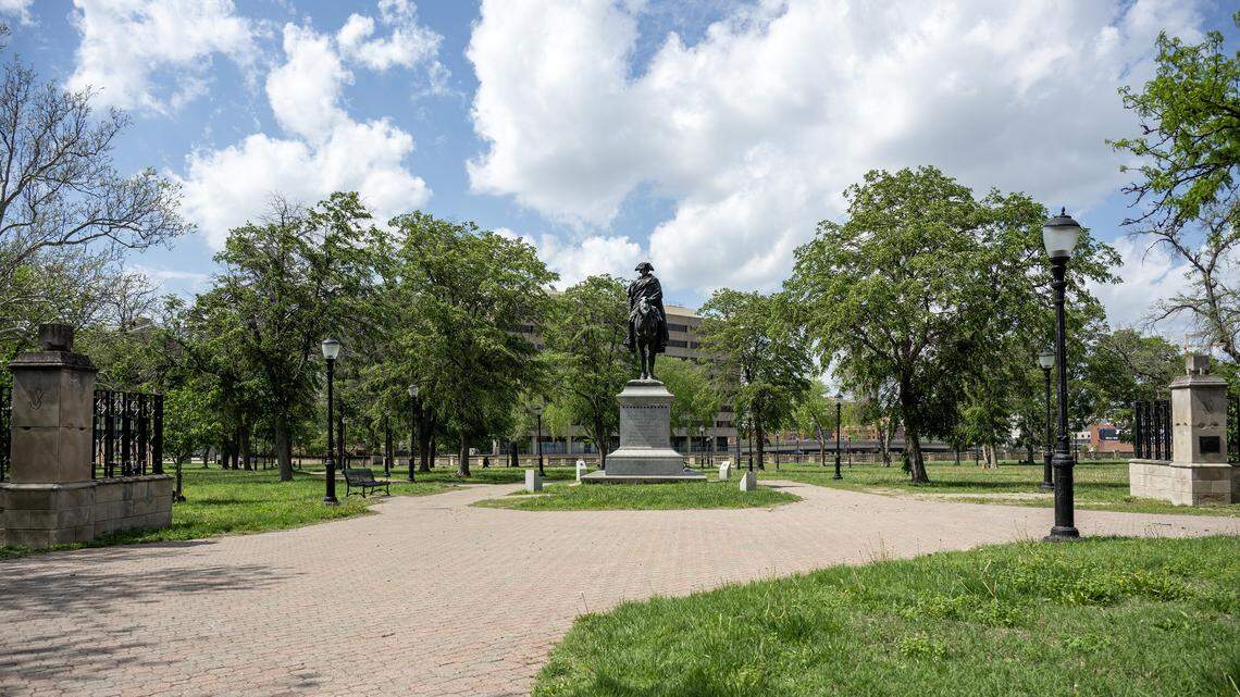 The George Washington Memorial is seen at Washington Square Park is on Wednesday, April 15, 2026, in Kansas City.