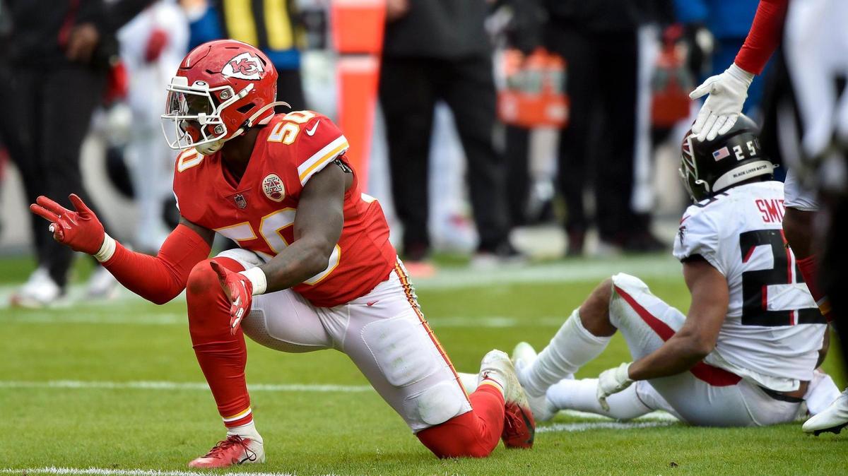 Kansas City Chiefs outside linebacker Willie Gay Jr. celebrates his tackle of Atlanta Falcons running back Ito Smith in the third quarter of the Chiefs game against the Atlanta Falcons at Arrowhead Stadium Sunday, Dec. 27, 2020. The Chiefs defeated the Falcons 17-14.