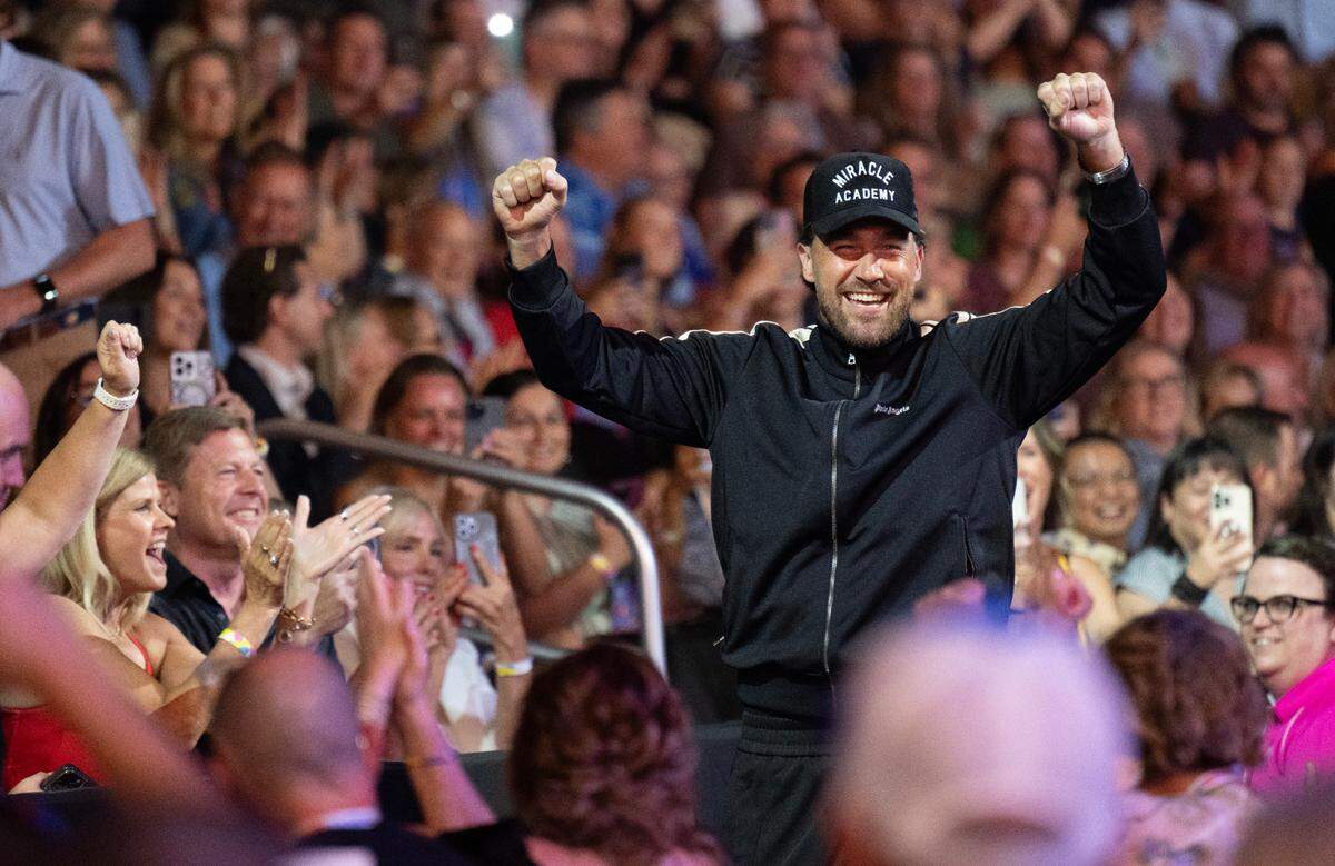 Kansas City Chiefs tight end Travis Kelce got cheers from the crowd for his appearance Saturday, May 31, 2025, during the Big Slick Party and Show at T-Mobile Center in Kansas City.