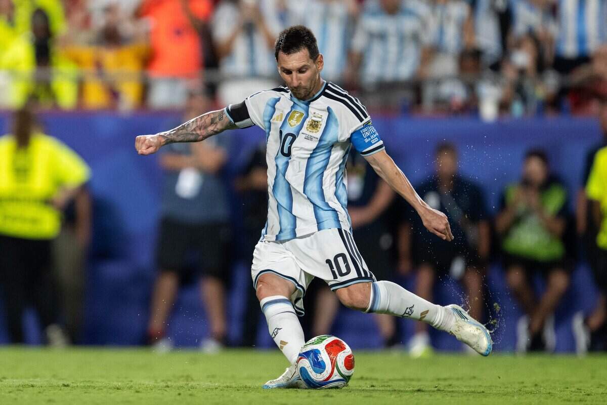 Argentina forward Lionel Messi (10) kicks the ball during a 2026 FIFA World Cup quarterfinal match at Kansas City (Arrowhead) Stadium in Kansas City on Saturday, July 11, 2026.