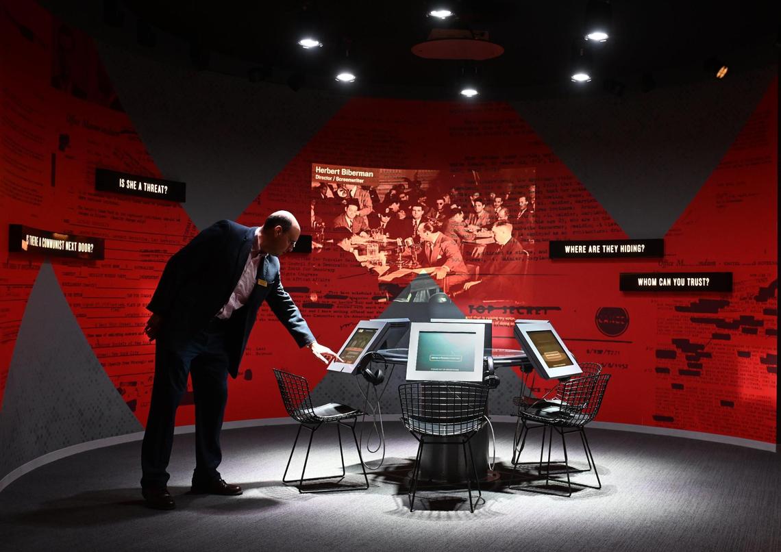 Samuel Rushay, a supervisory archivist, looks over an interactive exhibit about the rise of communism after World War II. It’s part of the $29 million renovation to the Truman Library and Museum, which has been closed for two years and reopens July 2.