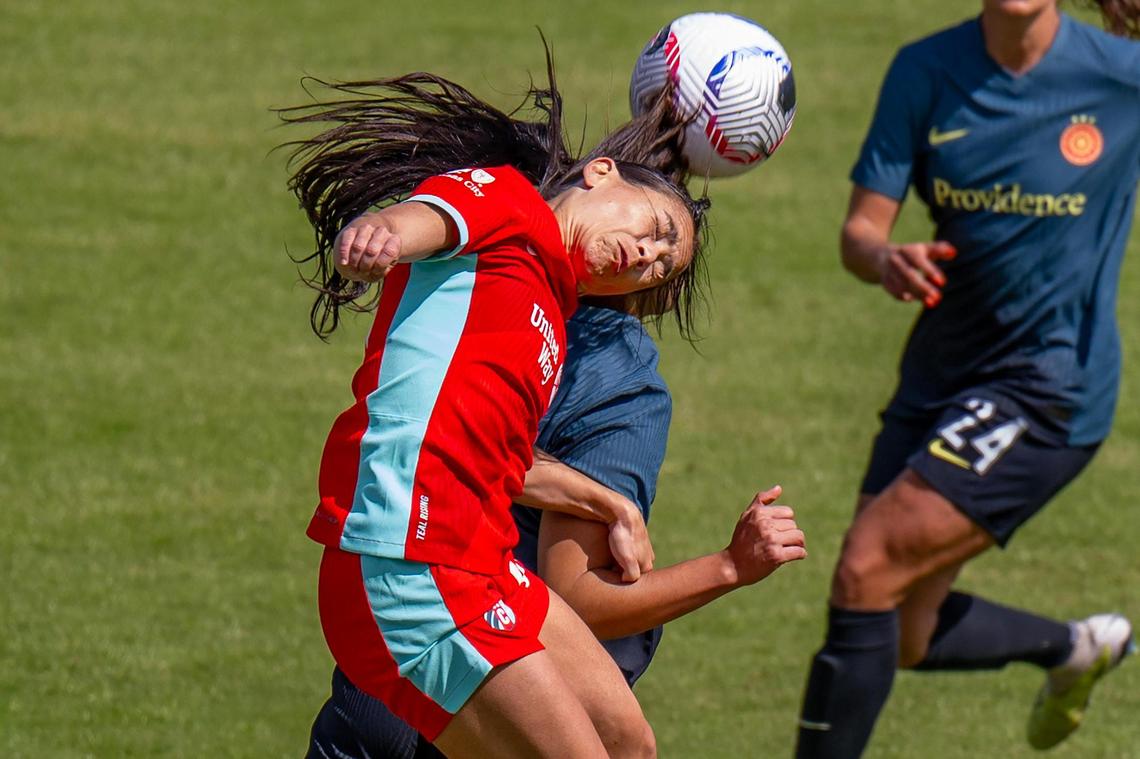 Kansas City Current midfielder Lo’eau LaBonta (10) heads the ball in the second half of the Current’s match against the Portland Thorns at CPKC Stadium on Saturday, March 16, 2024, in Kansas City.