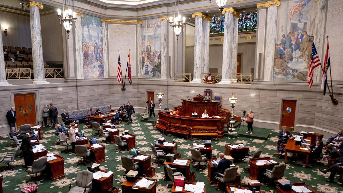 Missouri state senators debate a bill in the Senate chamber on Tuesday, March 7, 2023, at the state Capitol in Jefferson City, Mo.
