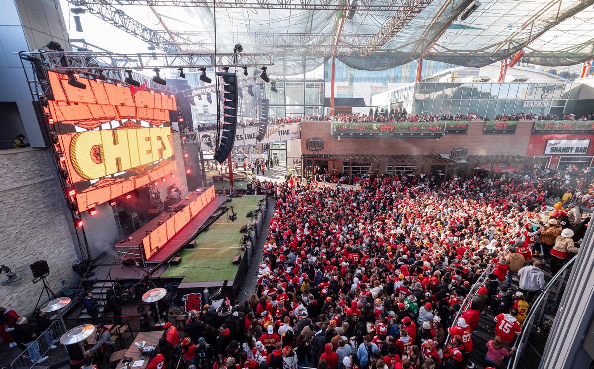 Fans pack KC Live! at the Power & Light District for a watch party to see the Chiefs play in Super Bowl LIX on Sunday, Feb. 9, 2025.