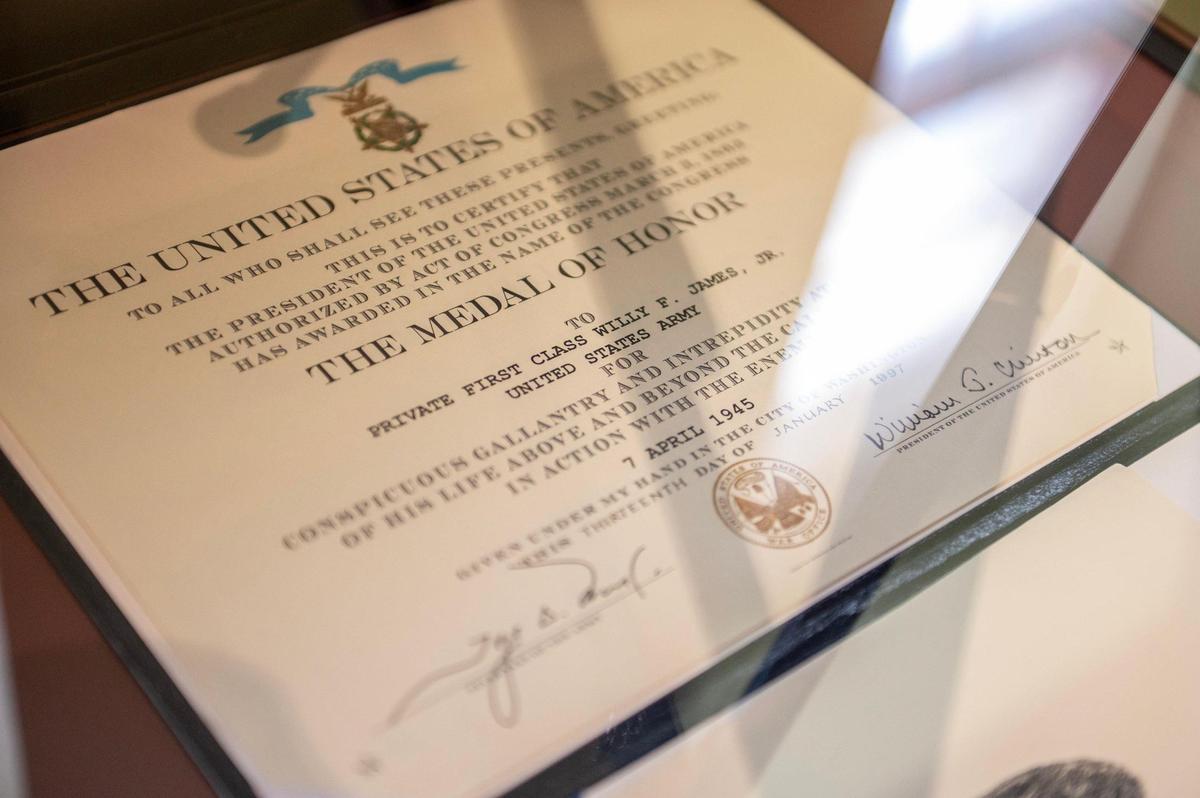 This certificate issued by President Bill Clinton in 1997 to the family of Willy James will be on display along with the Medal of Honor at the Black Archives of Mid-America.