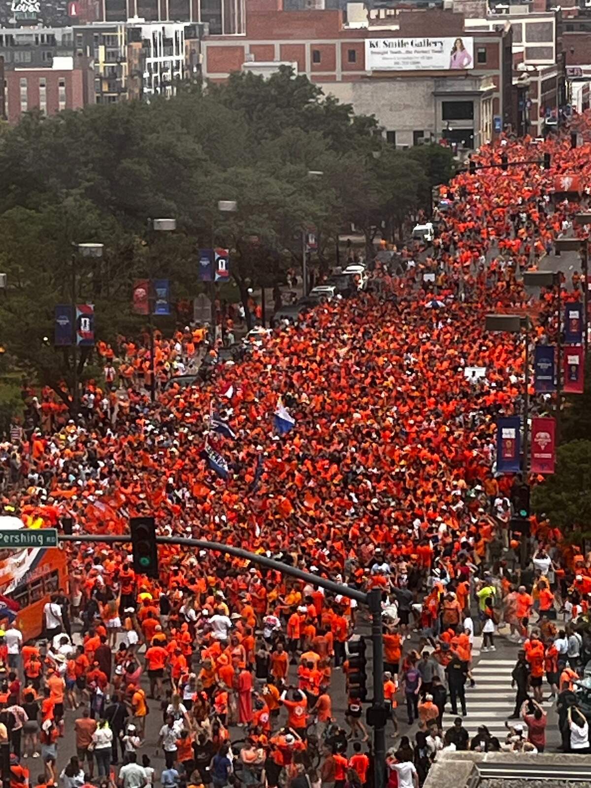 A sea of orange as Kansas City supported fans from the Netherlands in their traditional Oranje Fanwalk.