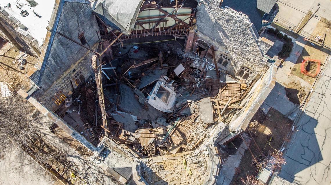 The Westminster Congregational Church at 3600 Walnut Street, which is the recent home of Unruh Furniture, faces uncertain fate after a structural failure caused the sanctuary’s roof to collapse in on itself on Feb. 13, 2021. The city is debating whether to restore or demolish the building, which is on the national and Kansas City lists of registered historic places.