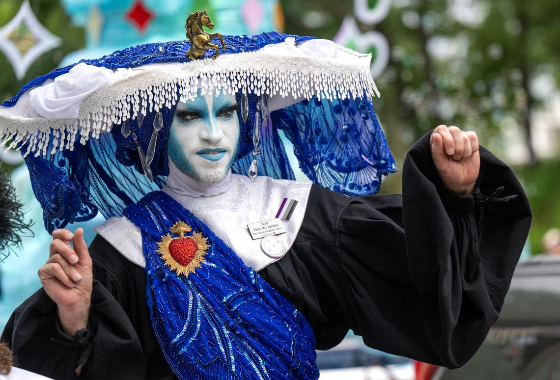 Sister Cheez Wis Fabulous, a member of the City of Fountain Sisters, a modern order of 21st century queer nuns, walks in the KC Pride Parade.